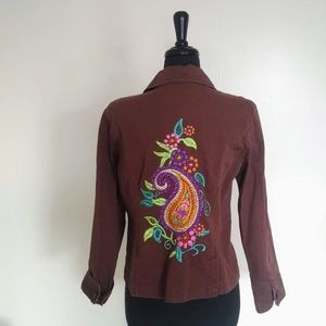 Anthropologie brown colorful embroidered jacket